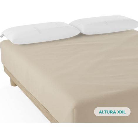 Nalui Sábana Bajera Beig 100% Algodón 180 Hilos (Camas max 34cm), Suave, Fresca, Transpirable, Lavable a 30ºC