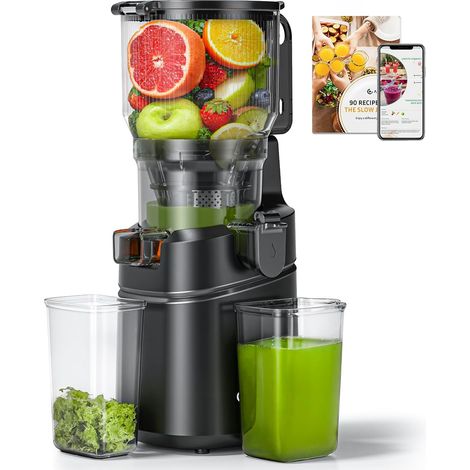 Extracteur de jus automatique Vos mains libres, Ouverture de 150 mm et capacité de 2L Extracteur de jus de fruits et légumes entiers, Extracteur jus lent de 250W avec triple filtre, Noir