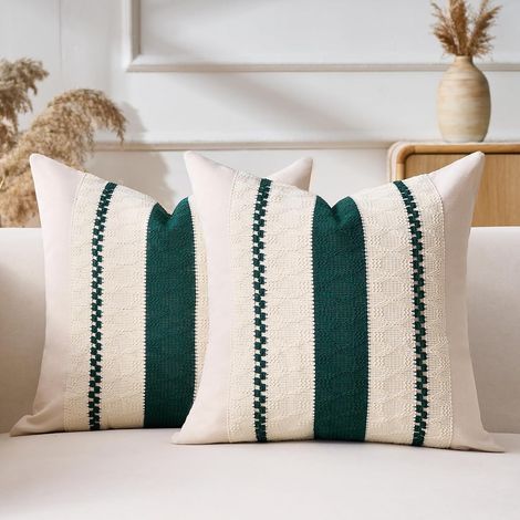 Set of 2 Cushion Covers 40x40 cm Cotton Linen Green Rustic Boho Pattern for Sofa Living Room Bedroom (1/5)