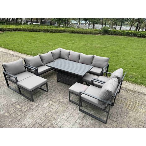 Fimous Aluminium Adjustable Rising Lifting Dining Table Sofa Set 12 Seat Aluminium Garden Furniture Sets with 3 Footstools 3 Chairs Dark Grey (1/5)