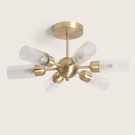 Lámpara de Techo Metal y Cristal 6 Focos Iraide Dorado