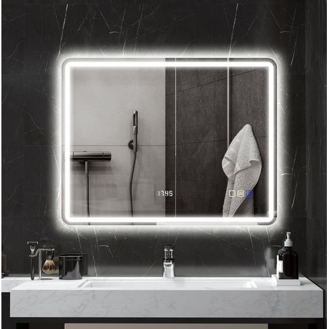 Espejo de baño LED 70x90 cm con Bluetooth, reloj, antivaho y 3 colores de luz, plateado (1/5)