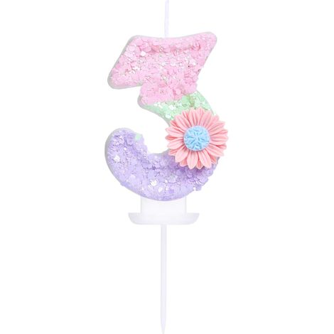 Bougie d'anniversaire en forme de chiffre 3 avec fleur, bonbons macarons pailletés, bougie d'anniversaire pour fille et femme, thème doux, 3e anniversaire, mariage, décoration de gâteau (1/5)
