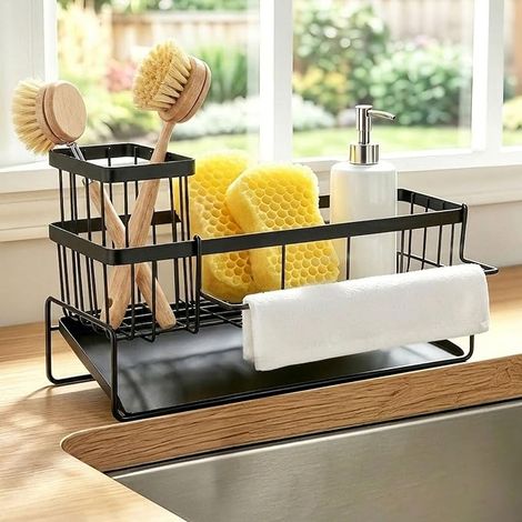 Organisateur d'évier de cuisine - Porte-éponge en acier inoxydable - Avec porte-torchons et boîte de rangement - Organiseur pour comptoir - Noir (1/5)