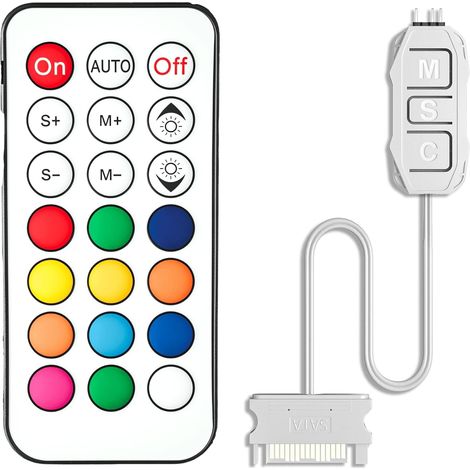 Contrôleur ARGB 5V 3 Broches, Mini Hub Ventilateur PC et Adaptateur d'Éclairage RGB avec Télécommande Sans Fil 21 Touches, Alimentation SATA pour Boîtier, Bande LED, Watercooling, Blanc (1/5)