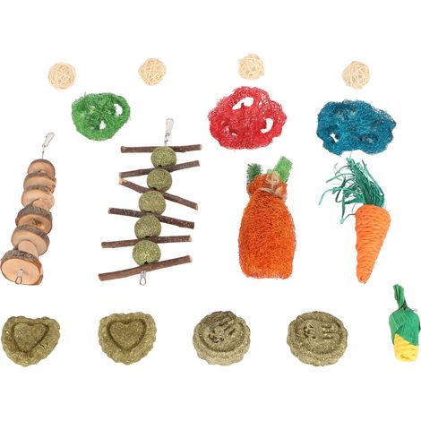Jouets à mâcher suspendus pour lapins : boules en bois et en herbe, ficelle, loofah, carottes. Jouet à mâcher pour petits animaux (chinchillas, cochons d'Inde, hamsters). (1/5)