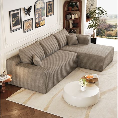 Sofá esquinero reversible de 241 cm con chaise longue, asiento profundo, tejido de pana suave, no requiere montaje - color camel (1/5)