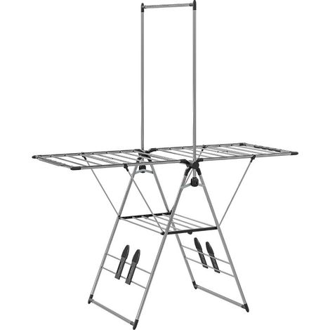Étendoir à linge pliable avec rallonges réglables et porte-chaussures, acier inoxydable, 156,5 x 68 x 192 cm, argent (1/5)
