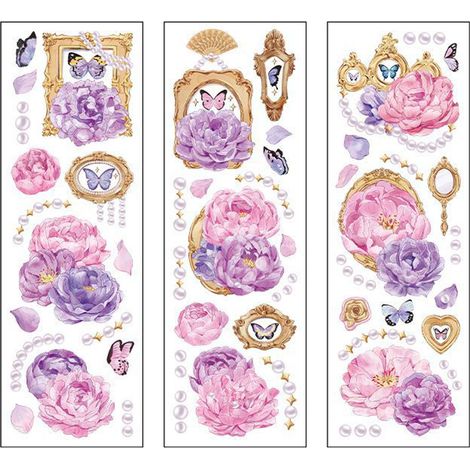 Lot de 6 planches d'autocollants floraux vintage PET, adhésifs pour albums photos, scrapbooking, déco créative, modèle 3 (1/5)