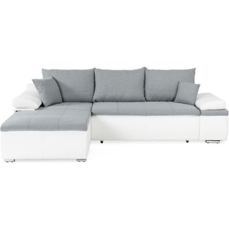 Canapé d'angle réversible convertible 3 places+Coffre - Simili blanc et tissu gris - CELINA - L 274 x P 184 cm - Fabriqué en (1/5)
