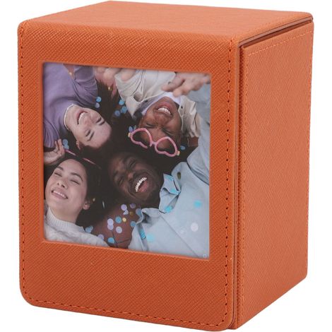 Boîte de rangement photo multifonctionnelle grande capacité avec couvercle magnétique, en PVC marron, pour photos, cartes bancaires et timbres. (1/5)