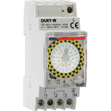 VEMER VE125100 DUET-W - Interruttore Orario Elettromeccanico a Cavalieri con Batteria Sostituibile, Programmazione Settimanale, 2 Moduli DIN, Grigio