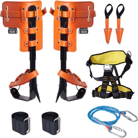 VEVOR Ensemble de pointes deescalade dearbre, 1 paire, crampons deescalade dearbre en acier allie, charge de 158 kg, avec corde de securite et harnais de securite, pour cueillette de fruits, orange