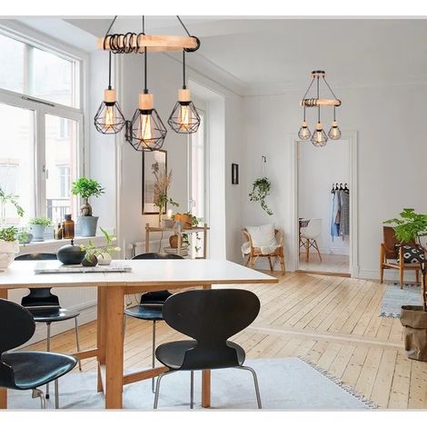 2x Retro Suspension Lumianire Industrielle en Cage,Plafonnier en Fer Design avec Anneau en Bois 40CM,Noir (1/5)