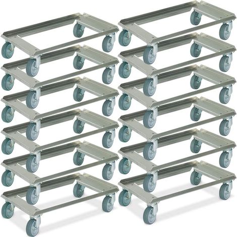 BRB 12x Alu-Transportroller für Eurobehälter/Stapelbehälter 600x400 mm, offenes Deck, graue Gummiräder (1/3)