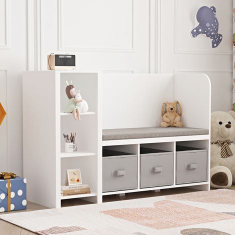 Scaffale per Cameretta Høylandet con Panca Scomparti e Scatole 76 x 112 x 40 cm - Bianco / Grigio [en.casa]
