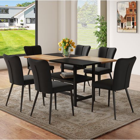 Juego de comedor rectangular con almacenaje integrado, 4 sillas, PU, MDF, metal, marrón y negro (1/5)