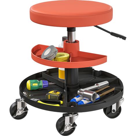 Werkstatthocker mit Rollen, höhenverstellbar von 40 bis 51 cm, 2 Ablagen (38 x 38 x 51 cm), gelb