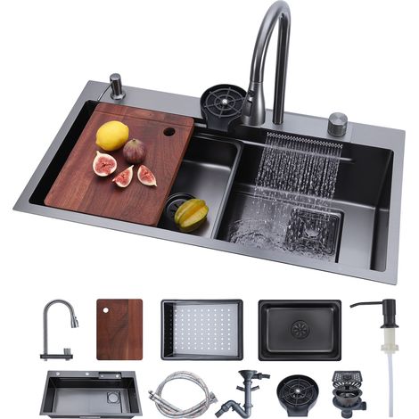 VEVOR Lavello da Incasso Cucina, Lavandino da Incasso Vasca Singola con Gradino Integrato 850 x 460 x 236 mm Rubinetto a Cascata, Lavello in Acciaio Inox per Cucina Camper Lavanderia Bar Hotel (1/5)