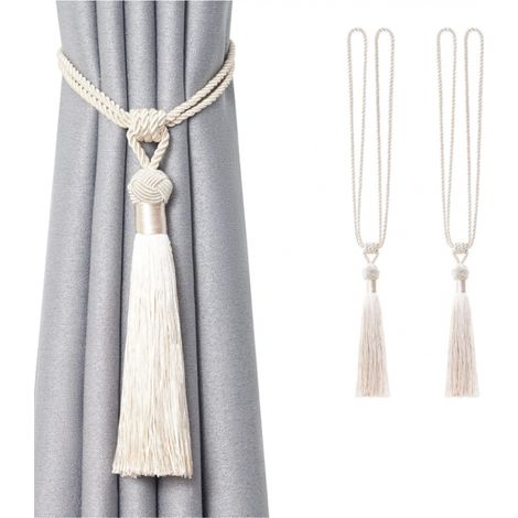 Lot de 2 embrasses de rideaux longues à pompons faites à la main en corde tressée avec nœuds de style européen pour décoration de fenêtre(beige)