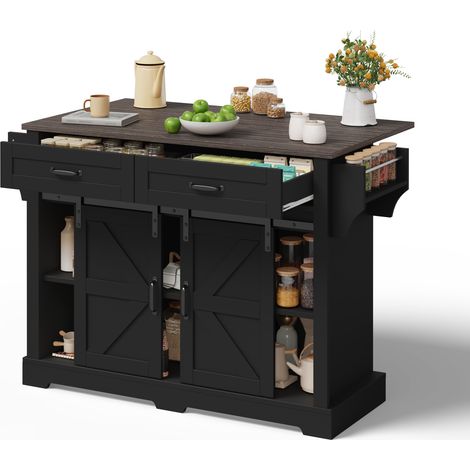 Îlot de cuisine avec plateau rabattable 120x45(70)x91 cm, desserte sur roulettes avec 2 portes coulissantes, 2 tiroirs et rangement noir style grange  CHICFURN (1/5)