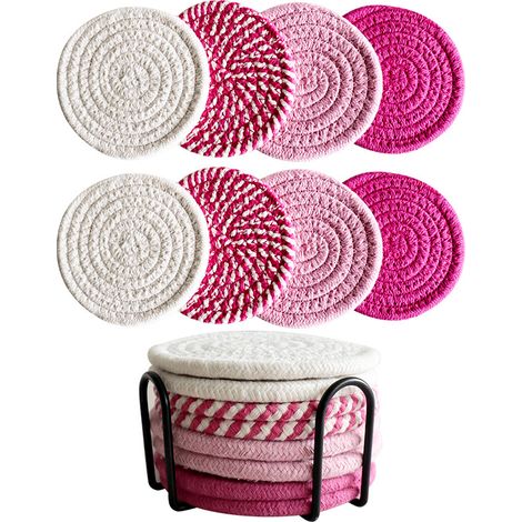 Sous-verres : Ensemble de 8 pour boissons, bière, café, sous-verres absorbants en tissu de coton de 4 couleurs avec support, sous-verres bohème pour décor domestique (1/4)