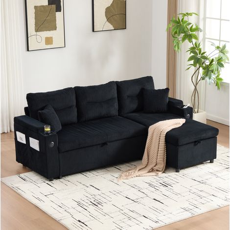 Sofá cama de 3 plazas en pana negra con chaise longue con almacenaje y USB-C (1/5)