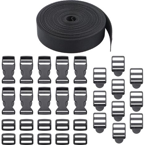 Sangle en nylon de 20 mm x 10 m avec 10 paires de boucles et de fermetures, boucle réglable en plastique, fermeture à clic, rallonge de ceinture de sécurité, pour sac à dos, bricolage (1/5)