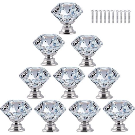 10 Stück Türknaufgriffe für Schränke, Möbel, Schubladen, Schränke, 30 mm, Kristallglas, Diamant, mit Schrauben – transparent