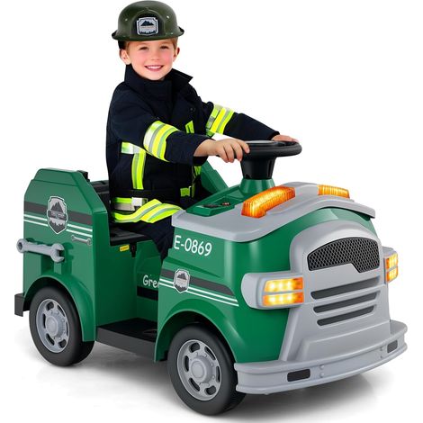 GOPLUS Camion Pompier Enfants 12V, Voiture Electrique Enfant avec Pelle, Extincteur, Échelle, Casque de Protection, Gyrophare, Musique, pour 3-5 Ans, Charge 25KG (Vert) (1/5)