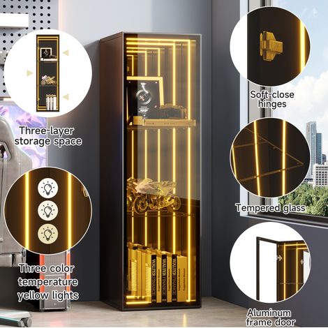 30 x 30 x 90 cm, Schranktüren mit Aluminiumrahmen, gehärtetes Glas, drei Staufächer, verstellbare Einlegeböden, LED-Lichtleiste, Scharniere mit Soft-Close-Funktion, kühles Schwarz.28 (1/5)