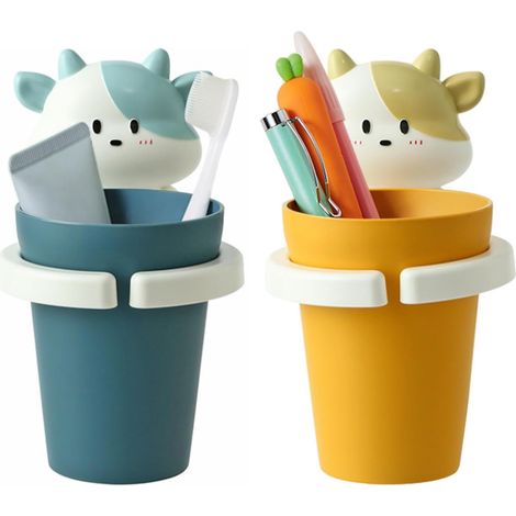 Children's Toothbrush Holder, 2-Piece Set, Cute Animal-Shaped Wall-Mounted Toothbrush Holder, No-Drill Toothbrush Cup Holder (1/5)