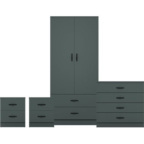 Riano 4 Piece Bedroom Set (2 Drw Bedside Chest, 4 Drw Chest, 2 Door 2 Drw Wardrobe), Green (1/3)