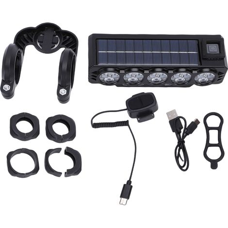 Ortviai Phare avant vélo rechargeable USB et solaire avec klaxon – 200 m d'éclairage, batterie 4000 mAh, ABS (1/5)