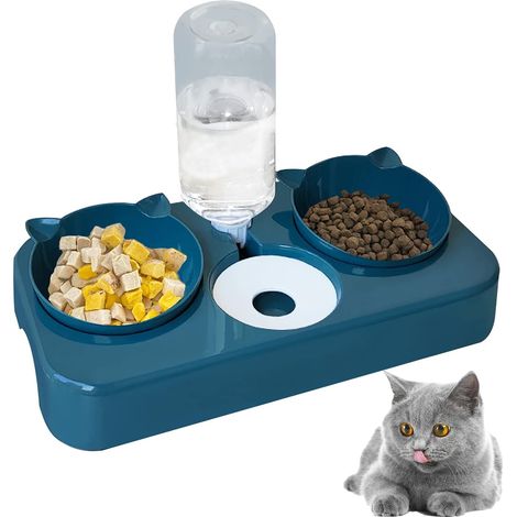 Katzennäpfe, Haustiernäpfe, 3-in-1 automatischer Wasser- und Futterspender, perfekter neigbarer Nackenschutz für Katzen und Hunde (Blau)