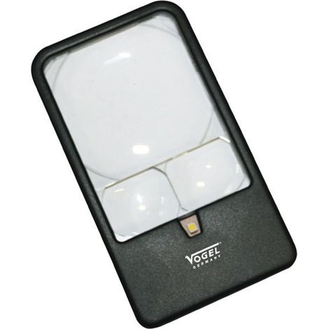 Loupe de poche VOGEL avec grossissement X3/X5/X7, lumière LED et design compact.