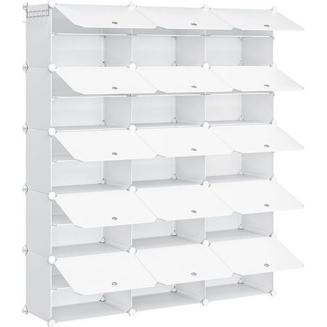 Étagère à Chaussures avec 15 Compartiments, Boîte à Chaussures, Étagère Modulable en Plastique, Compartiment de 40 x 30 x 30 cm, avec Porte, Blanc (1/5)