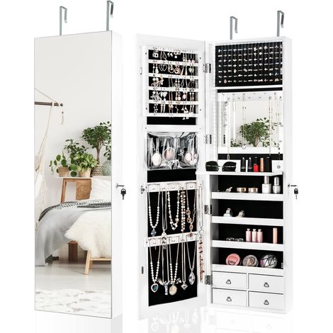 COSTWAY Joyero con Espejo de Cuerpo Entero LED, Armario para Joyas Multiuso con 4 Cajones (blanco) (1/5)
