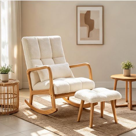 Fauteuil à bascule blanc bouclette avec repose-pieds (1/5)