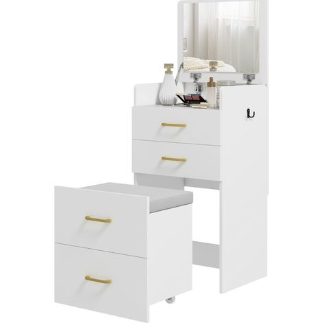 CHICFURN Coiffeuse 48 x 40 x 90 cm bianca 3 in 1 con specchio, sgabello a ruote e cassetti (1/5)