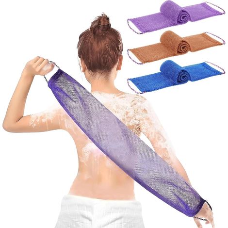 Lot de 3 serviettes de bain exfoliantes en nylon avec cordon, brosse et éponge de bain nettoyantes en profondeur, pour hommes et femmes, 75 x 14 cm, violet, bleu, marron (1/5)