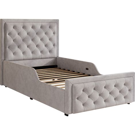 Cama arcón infantil de 90 x 200 cm de terciopelo gris con somier y cabecero (1/4)