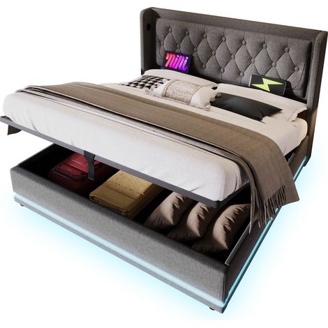 Lit coffre 160x200 cm gris en coton, avec tête de lit USB-C, LED 3 côtés et matelas à 720 ressorts, rangement hydraulique - CHICFURN (1/5)