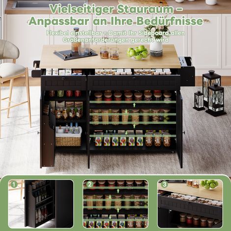 Îlot de cuisine noir 137 x 89,5 x 45cm sur 6 roulettes verrouillables, plan de travail pliant avec étagères, tiroirs et meuble