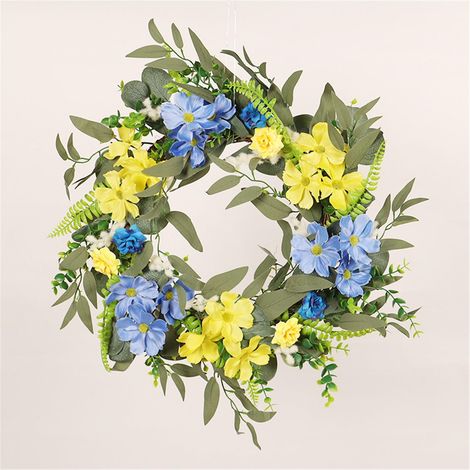 Guirlande Fleurie - Guirlande Artificielle Bleue Et Jaune - Pour Porte D'Entrée Jardin Intérieur - Décoration Saisonnière Printemps Été Automne Hiver - 1 Pièce (1/5)