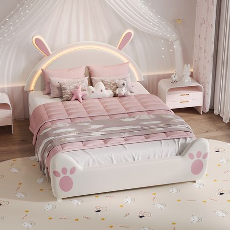 Lit 140x200,lit enfant140x200 tête ,lit princesse de lit lapin avec LED, lit fille design mignon avec oreilles, lit rembourré avec décoration DIY, lit chambre enfant ambiance douce (1/5)