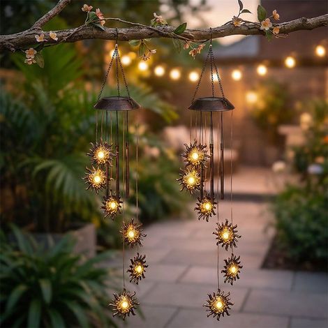 Lampada solare a sospensione luce del vento campanelli sole balcone lampada LED decorazione 6 fiamme per esterno, metallo, LED, DxH 13x75 cm, set di 2