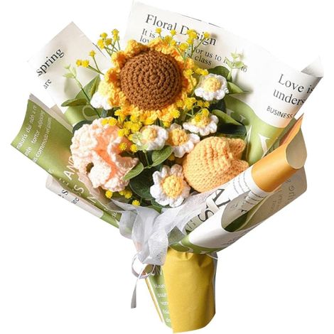 Bouquet de fleurs au crochet prêt à l'emploi, fleurs artificielles, roses tricotées, marguerites, cadeau d'anniversaire ou de Saint-Valentin, décoration intérieure à faire soi-même-AquaForge (1/5)