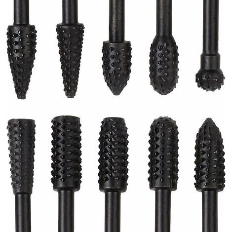 10 Pcs Fraise Metal Noir 6.3mm 1/4 Antirouille Acier Carbure De Tungstène Set Râpe Forets Fraises Rotatives En Outils Pour Bois Sculpture Faire Modèle Polir Bricolage (1/5)