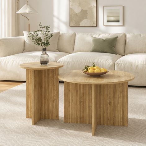 Set de 2 tables basses gigognes rondes 76x76x50/40x40x56,5 cm bois, gain de place, MDF/PB MEUBLIV (1/5)